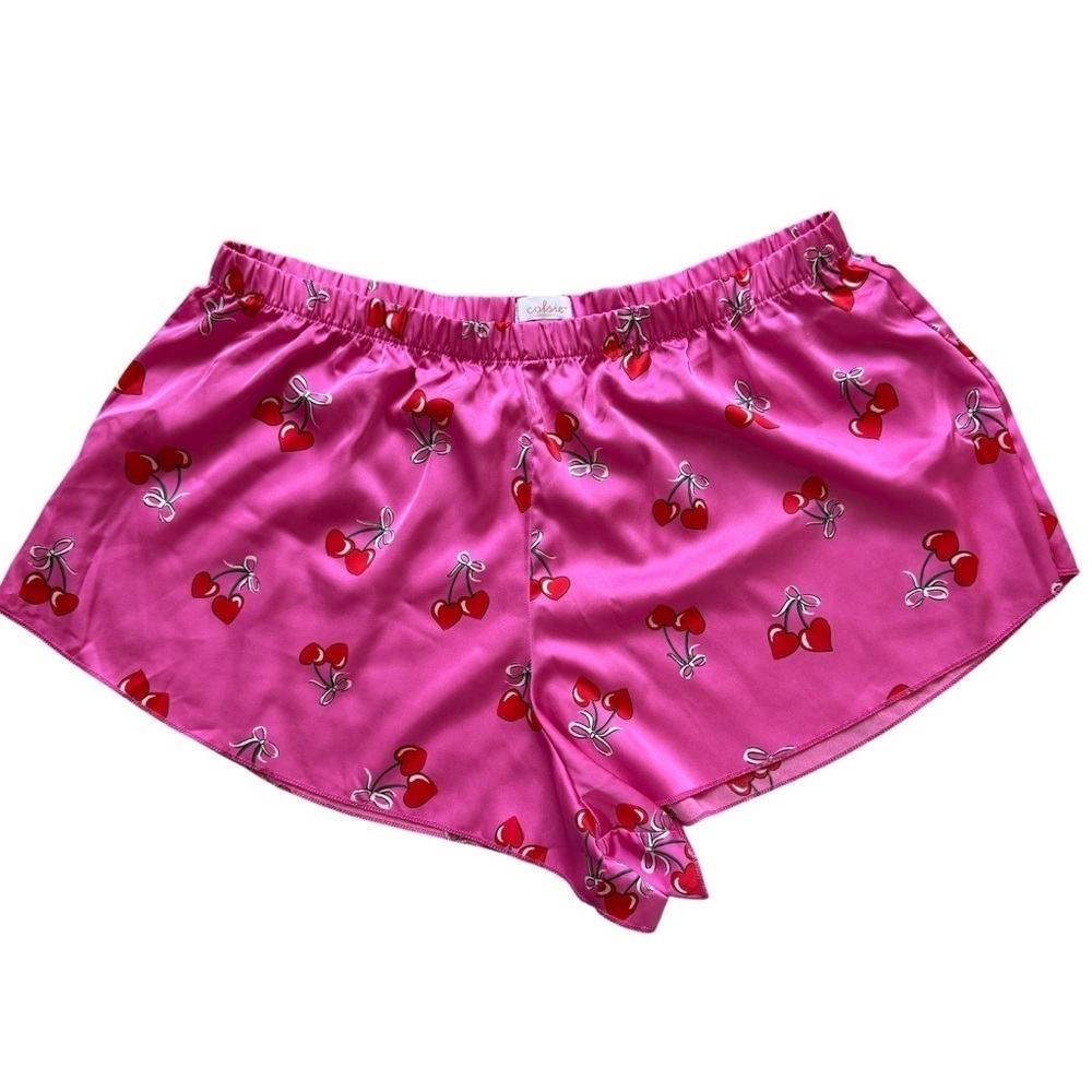 Colsie Women's XL Pink Cherry & Bows Print Pajama Sleep Shorts Satin Comfy